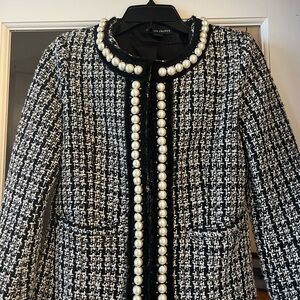 Boston Proper Black and White Tweed Blazer with Pearl Details